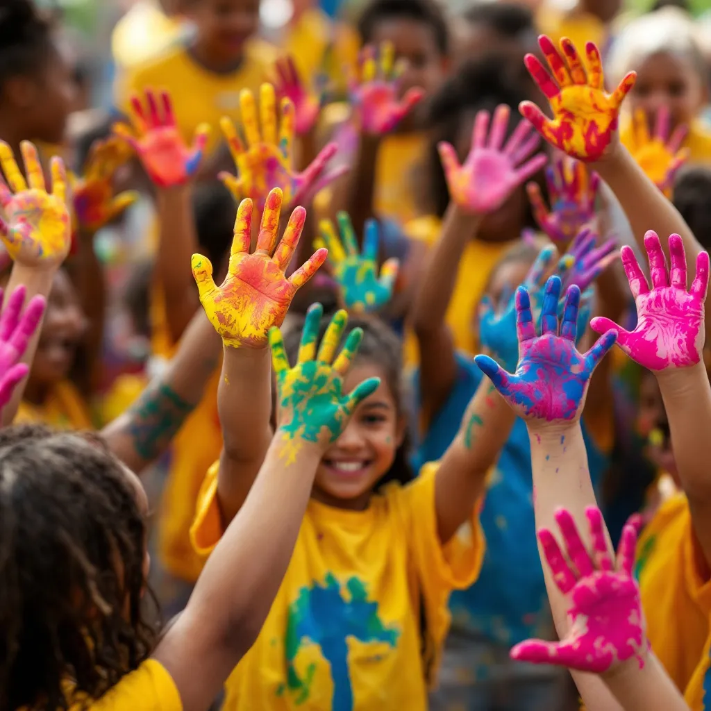 Manos de niños y niñas manchadas de pintura de colores