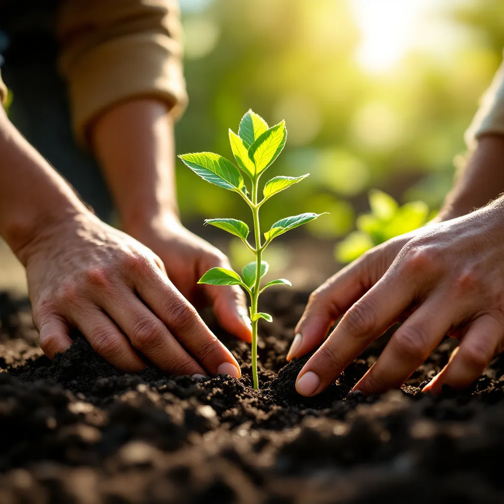 Dos personas plantando un brote en un huerto