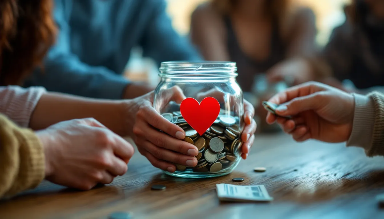 Manos aportando monedas a un bote de donativos con un corazón