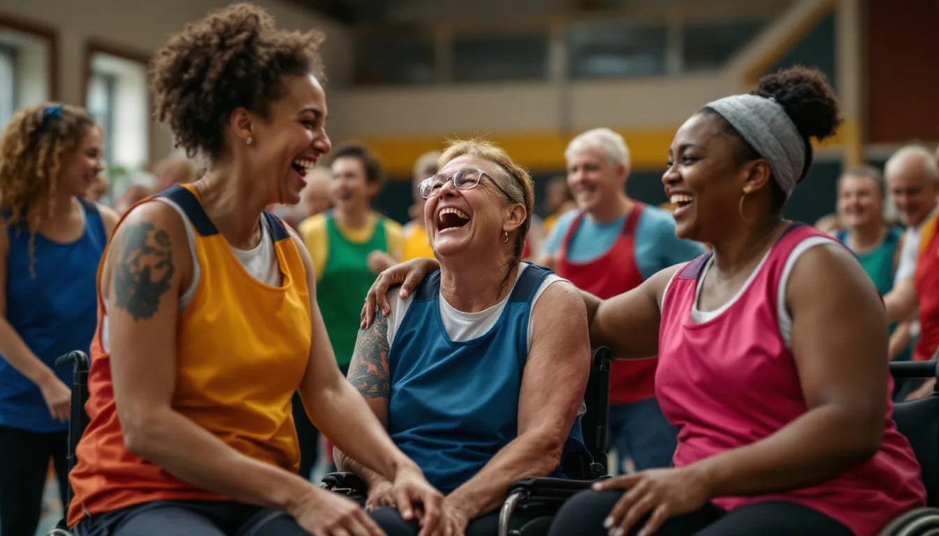 Equipo deportivo inclusivo celebrando en una cancha