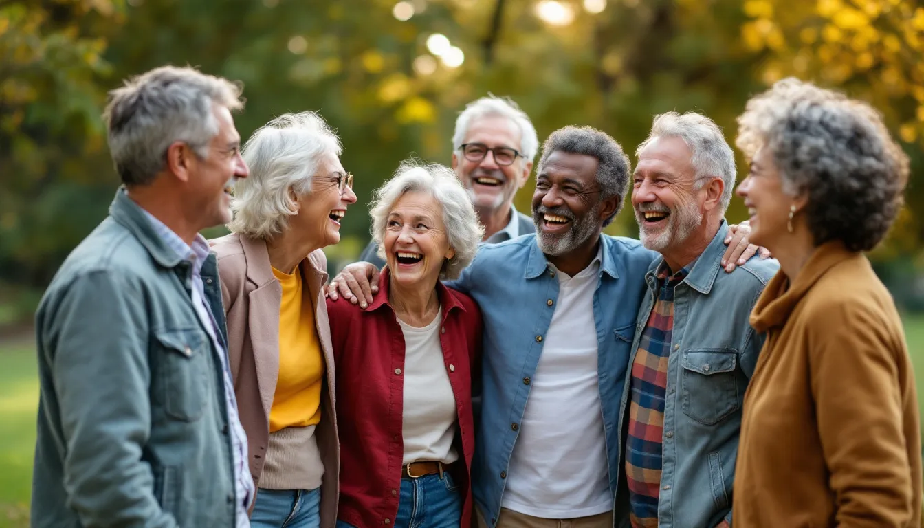 Grupo de personas socias riendo juntas al aire libre